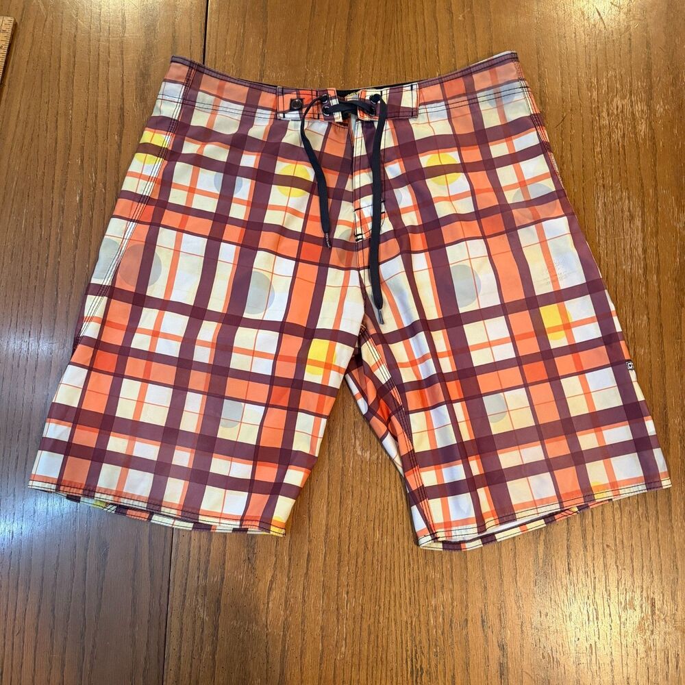 O'Quinn Plaid Board Shorts Surf Swim Trunks Orange Maroon Size 36 Retro Y2K